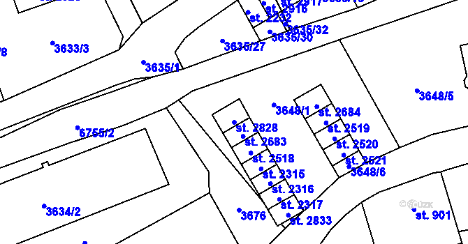 Parcela st. 2828 v KÚ Kraslice, Katastrální mapa