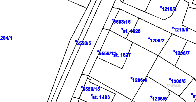 Parcela st. 6558/11 v KÚ Kraslice, Katastrální mapa