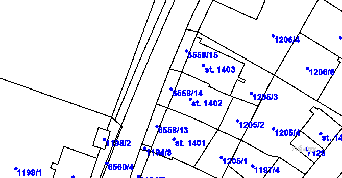 Parcela st. 6558/14 v KÚ Kraslice, Katastrální mapa