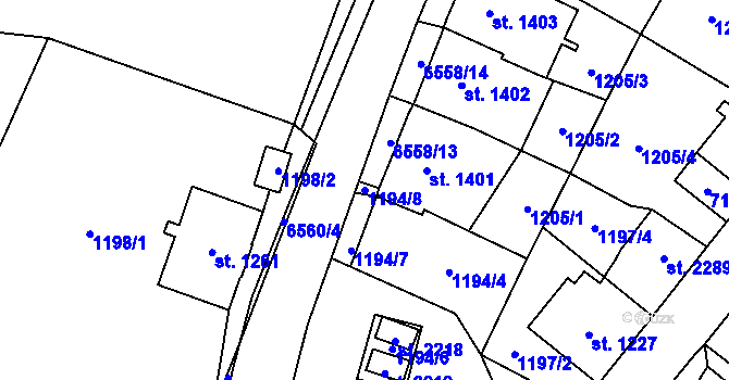 Parcela st. 1194/8 v KÚ Kraslice, Katastrální mapa