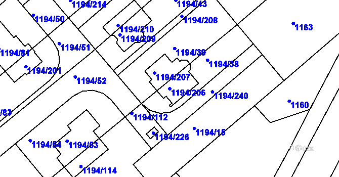 Parcela st. 1194/206 v KÚ Krásné Pole, Katastrální mapa