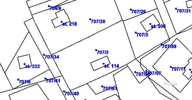 Parcela st. 707/2 v KÚ Krasoňov, Katastrální mapa