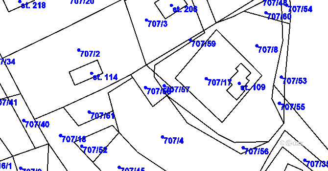 Parcela st. 707/57 v KÚ Krasoňov, Katastrální mapa