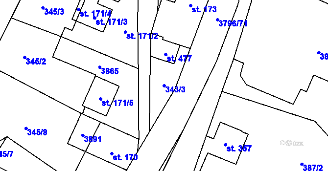 Parcela st. 343/3 v KÚ Krasov, Katastrální mapa