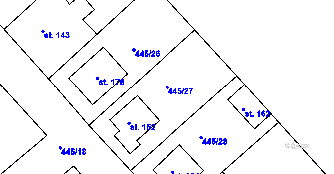 Parcela st. 445/27 v KÚ Krašovice u Plzně, Katastrální mapa