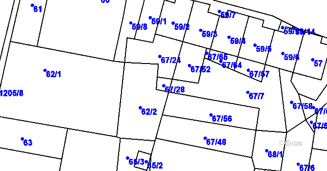 Parcela st. 67/28 v KÚ Kravaře v Čechách, Katastrální mapa