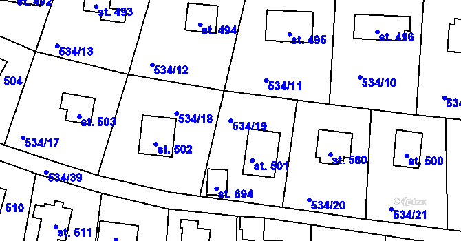 Parcela st. 534/19 v KÚ Krhanice, Katastrální mapa