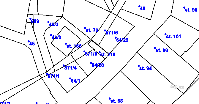 Parcela st. 210 v KÚ Močovice, Katastrální mapa