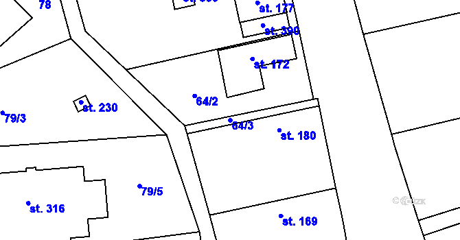 Parcela st. 64/3 v KÚ Krchleby u Nymburka, Katastrální mapa