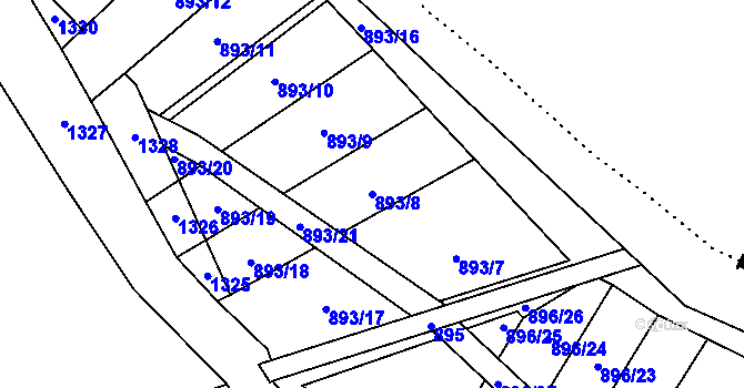Parcela st. 893/8 v KÚ Krásné Loučky, Katastrální mapa
