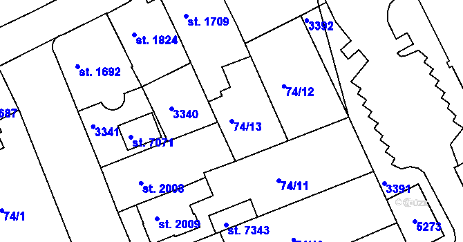 Parcela st. 74/13 v KÚ Kroměříž, Katastrální mapa