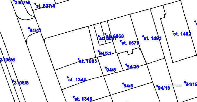 Parcela st. 94/21 v KÚ Kroměříž, Katastrální mapa