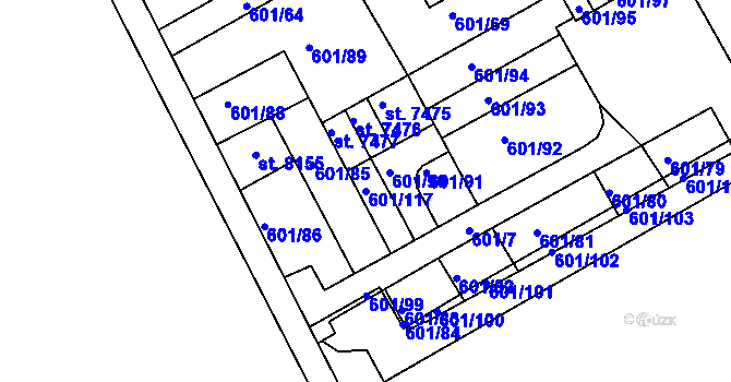 Parcela st. 601/117 v KÚ Kroměříž, Katastrální mapa