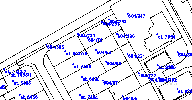 Parcela st. 604/69 v KÚ Kroměříž, Katastrální mapa
