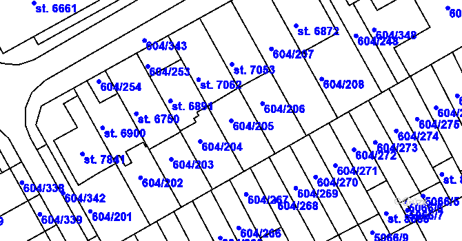Parcela st. 604/205 v KÚ Kroměříž, Katastrální mapa