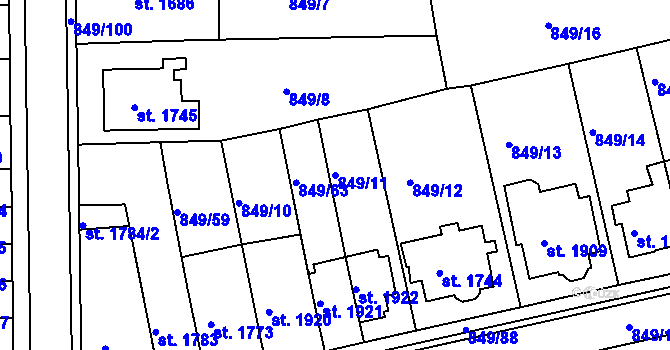 Parcela st. 849/11 v KÚ Kroměříž, Katastrální mapa