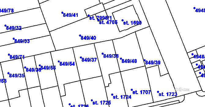 Parcela st. 849/38 v KÚ Kroměříž, Katastrální mapa