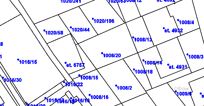 Parcela st. 1008/20 v KÚ Kroměříž, Katastrální mapa
