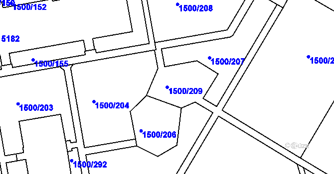 Parcela st. 1500/209 v KÚ Kroměříž, Katastrální mapa