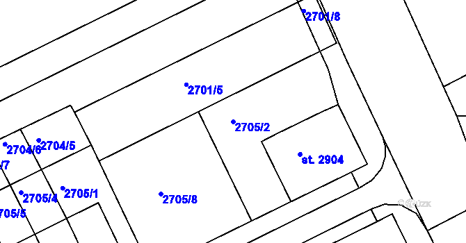 Parcela st. 2705/2 v KÚ Kroměříž, Katastrální mapa