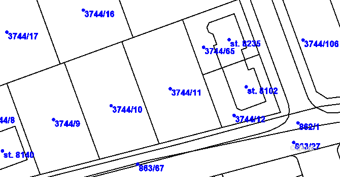 Parcela st. 3744/11 v KÚ Kroměříž, Katastrální mapa