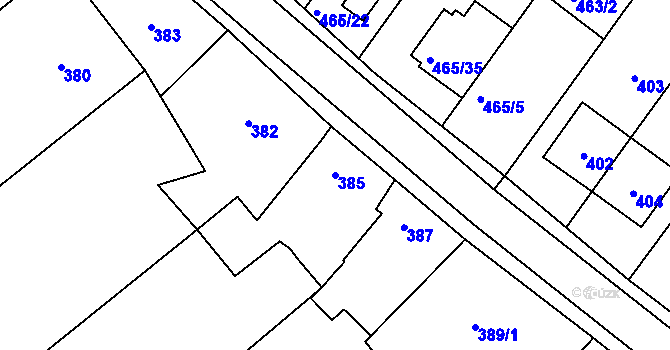 Parcela st. 385 v KÚ Vážany u Kroměříže, Katastrální mapa