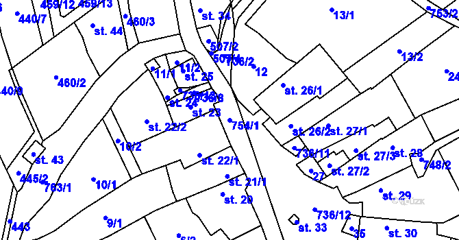 Parcela st. 754/1 v KÚ Krtov, Katastrální mapa