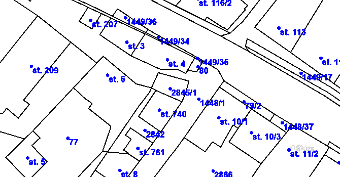 Parcela st. 2845/1 v KÚ Krumvíř, Katastrální mapa