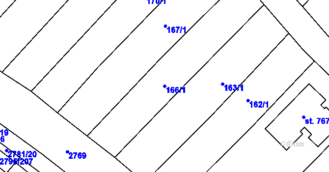 Parcela st. 166/1 v KÚ Krumvíř, Katastrální mapa