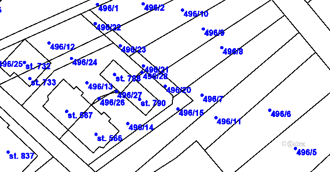 Parcela st. 496/20 v KÚ Krumvíř, Katastrální mapa