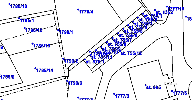 Parcela st. 755/10 v KÚ Krupka, Katastrální mapa