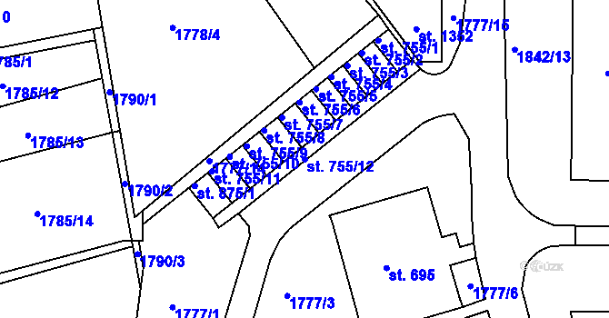 Parcela st. 755/12 v KÚ Krupka, Katastrální mapa