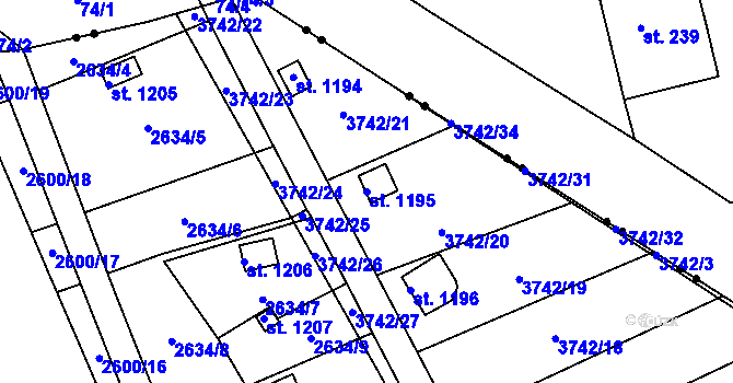 Parcela st. 1195 v KÚ Krupka, Katastrální mapa