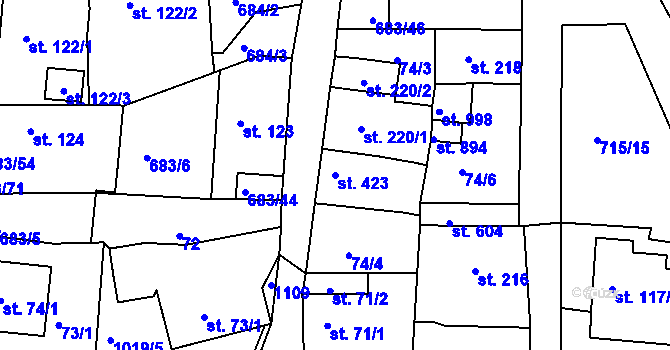 Parcela st. 423 v KÚ Bohosudov, Katastrální mapa