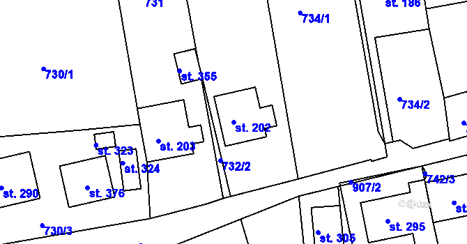 Parcela st. 202 v KÚ Unčín u Krupky, Katastrální mapa