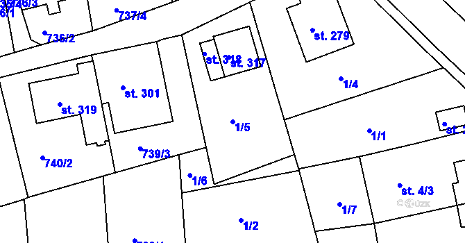 Parcela st. 1/5 v KÚ Unčín u Krupky, Katastrální mapa