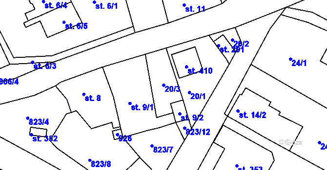 Parcela st. 20/3 v KÚ Unčín u Krupky, Katastrální mapa