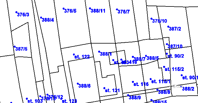 Parcela st. 388/1 v KÚ Vrchoslav, Katastrální mapa