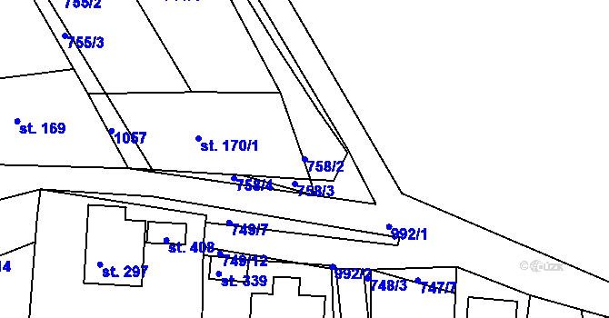 Parcela st. 758/2 v KÚ Vrchoslav, Katastrální mapa
