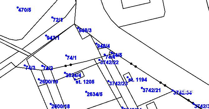 Parcela st. 74/4 v KÚ Vrchoslav, Katastrální mapa