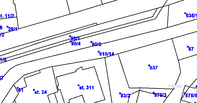 Parcela st. 615/14 v KÚ Krušovice, Katastrální mapa