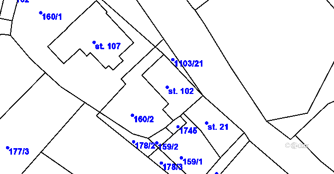 Parcela st. 102 v KÚ Staré Těchanovice, Katastrální mapa