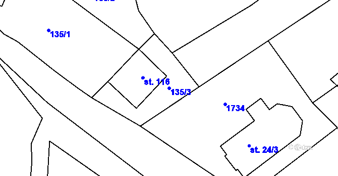 Parcela st. 135/3 v KÚ Staré Těchanovice, Katastrální mapa