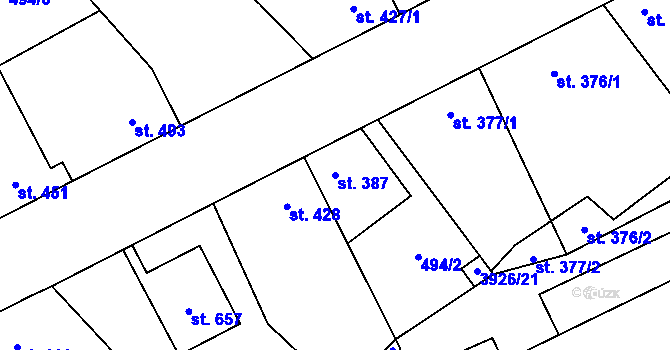 Parcela st. 387 v KÚ Kryry, Katastrální mapa
