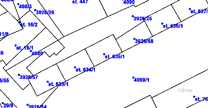 Parcela st. 635/1 v KÚ Kryry, Katastrální mapa