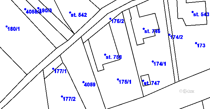 Parcela st. 758 v KÚ Kryry, Katastrální mapa