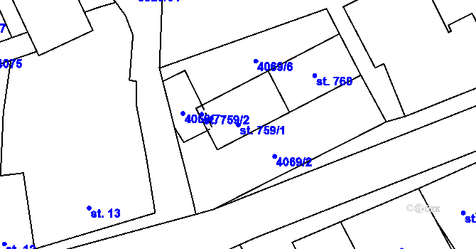 Parcela st. 759/1 v KÚ Kryry, Katastrální mapa