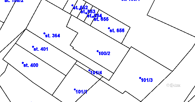 Parcela st. 100/2 v KÚ Kryry, Katastrální mapa