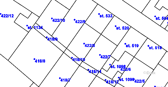 Parcela st. 422/8 v KÚ Kryry, Katastrální mapa