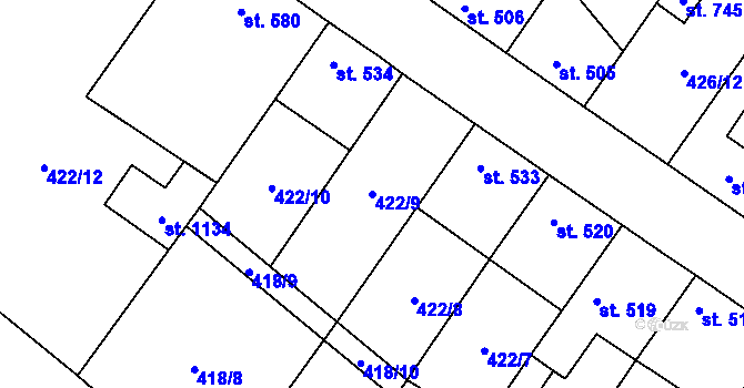 Parcela st. 422/9 v KÚ Kryry, Katastrální mapa